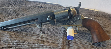 Armi San Marco 1849 pocket percussion black powder revolver. 31 cal, 5 shot cyl, 148mm octagonal barrel with good bore, crisp rifling. Blued finish to barrel, c