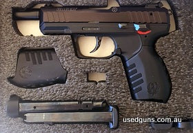 Ruger SR22 barrel length with added compensator to make club legal QLD 122m. In very good + condition with little use. Ambidextrous manual thumb safety/decockin