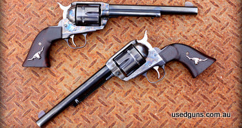 Nice pair for single action shooting. Case hardened Ruger Vaqueros. 44 Mag. 7.5 inch barrels. Nice triggers. Cylinders spin both ways for unloading & competitio