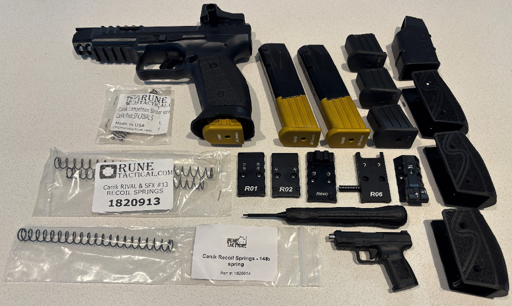 Steel frame Canik Rival-S Dark Side with LOK brass grip and magwell (black Cerakote) make this heavy competition pistol 1.4kg for low recoil steady shooting. Ru