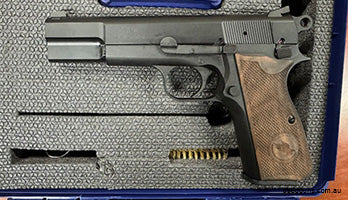brand new , turkish zig copy of the browning hi power , wood grips , cased with 2 magazines.price includes postage to your nominated dealer apart from western a