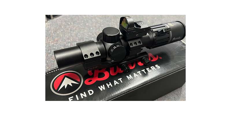 Burris RT-6 1-6x24 scope factory fitted with Burris Fastfire 3 red doty in a Burris PEPPR One Peice Cantilever Mount