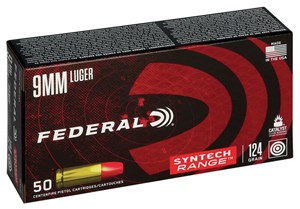 FEDERAL
FAE9SJ2
SYNTEC RANGE
9MM, 124GR, TSJ
AMMUNITION

SPECIAL 
$32.90 /PER 50
$315 /PER 500