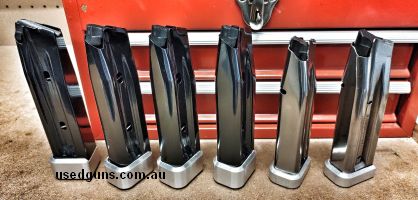 4x ASI 126mm, 38 Super, 10-round magazine with aluminium extended base pad, brand new condition. 2x STI 126mm, 38 Super, 10-round magazine with aluminium extend