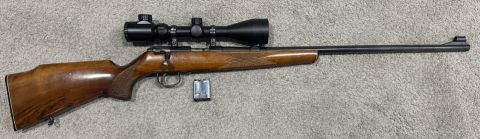 Anschutz 1516, original 5 shot magazine, 70‚Äö√Ñ√∂‚àö√ë‚àö¬• DOM, original flip iron sights + hooded foresight, unknown 3-9x50 scope with illuminated reticle,