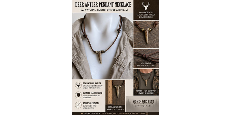 Handmade Deer Antler Pendant Necklace – Brown Antler with Brown Leather Cord
