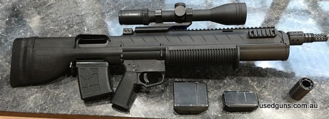 Remington 7600 custom. Tactical bullpup 308W. Fitted with the robust BullPup Brand polymer chassis. The integrated pistol grip pump provides comfortable handlin