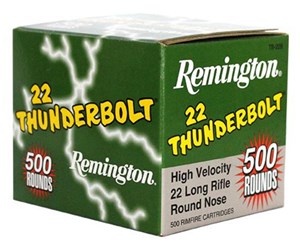 REMINGTON
TB-22B
THUNDERBOLT
22LR, 40GR, HIGH VELOCITY LRN
AMMUNITION
1255 FPS

SPECIAL
$59.90 /PER 500
$575 /PER 5000