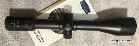 Kahles K418 Helia 4-18x50 scope. Brilliant Austrian optics to suit any rifle. Tube 30mm with 4A plex reticle / side parallax adjustment. Includes Buttler Creek 