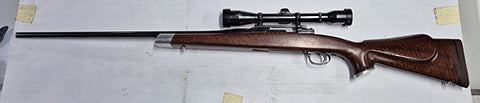 DWM, MOD 1908, 25 SOUPER 610MM DOUGLAS BARREL, HILVER MOUNTS, WEAVER K-6W SCOPE, TIMNEY TRIGGER, CUSTOM STOCK. $550 PLUS FREIGHT