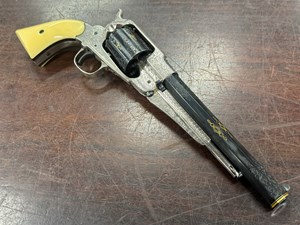 NAVY ARMS
REMINGTON 1858
44CAL
6 SHOT
CAP N BALL
8" OCTAGONAL BARREL
SILVER FINISHED RECEIVER
FULLY HAND ENGRAVED
GOLD INLAY IN AREAS
IVORY GRIPS
#9746

AS NEW $1990