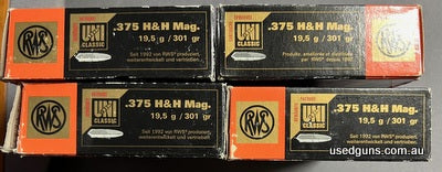 4 packs of 20 x RWS 375 H&H ammo with 301gr Uni Classic projectiles. Retail for over $250 per box. In store pick-up only.