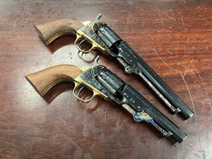 CASED PAIR
OF UBERTI COLT 1849
CAP N BALL PISTOLS

UBERTI
COLT 1849 
POCKET NAVY
36CAL, 5 SHOT
6 1/2" OCTAGONAL BARREL
COLOUR CASE FINISHED FRAME
BRASS TRIGGER GUARD & BACK STRAP
#63046

UBERTI
COLT 1849 
POCKET NAVY
36CAL, 5 SHOT
4 1/2" OCTAGONAL BARREL
COLOUR CASE FINISHED FRAME