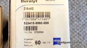 Zeiss Duralyt 2-8‚àö√≥42 with Illuminated #60 reticle (German 4a). Has some ugly ring marks from some previous ill fitting rings, but optically and mechanically