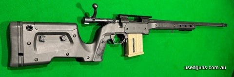 Howa 6.5 Creedmoor, 26 inch varmint barrel, MDT 10 shot mag, heathen self timing muzzle brake, 20 Moa rail, lightened trigger, MDT XRS stock. Plus post and tran