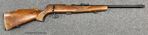 German made Voere 22WMR. Metal work and bore in good condition. Stock could do with a re-finish but has no cracks or major damage. Action has been engraved "To 