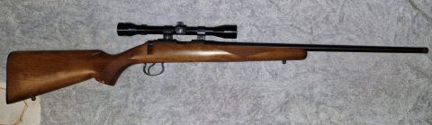 Cz american with japanese tasco scope and threaded barrel. As new condition, maybe put 200 rounds though it. Standard 5 round magazine.
