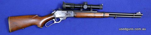 Marlin 336 stamped JM, peep sights & scope, timber stock lever action.
