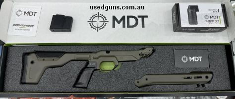Brand New MDT HNT26 Chassis in Cobalt Green with built in ARCA Rail for Tikka T3/ T3X Short Action. Comes with additional MDT Carbon Straight Grip and Accurate 