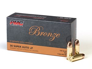PMC
PMC38SA
BRONZE LINE
38 SUPER +P, 130GR, FMJ
AMMUNITION

$54.90 /PER 50
$469 /PER 500