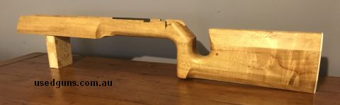 Custom Benchrest stock to suit round action Anschutz 54. This one made from nicely figured Camphor Laurel, has aluminum pillars and butt plate and has been Devc