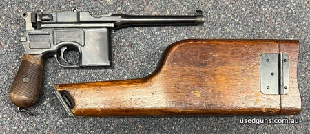Mauser C96 7.63x25 in top condition with timber case/buttstock. All matching numbers on gun. Gun is very-good to excellent. Stock has lots of superficial marks 