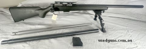 CZ 455 17HMR Heavy Barrel Synthetic Stock in very good condition. Come with 2 additional barrels, Standard stainless .17HMR and Blued .22LR Heavy. One additiona
