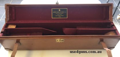Purdey vintage double trunk shotgun case in excellent condition, with original label and key. Will fit 2 x guns with 28" barrels and 14 1/2 LOP easily.