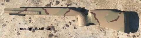 McMillan A3 sporter stock. Molded in tri colour desert camo. Suits Remington 700 or clone short actions . Has pic rail fitted to forend . This stock has been be