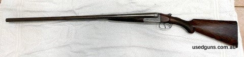 Holloway & Naughton 12g Side by Side 1905 made in England, Fine Damascus Barrels, Crolle Twist, Nitro proof, left hand triggers, Webley & Scott Extractors, Chok