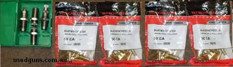 (4) unopened packets of Winchester .44/40 unprimed brass with fifty (50) cases per packet for a total of two hundred (200) cases. Also included is a Lee three-d