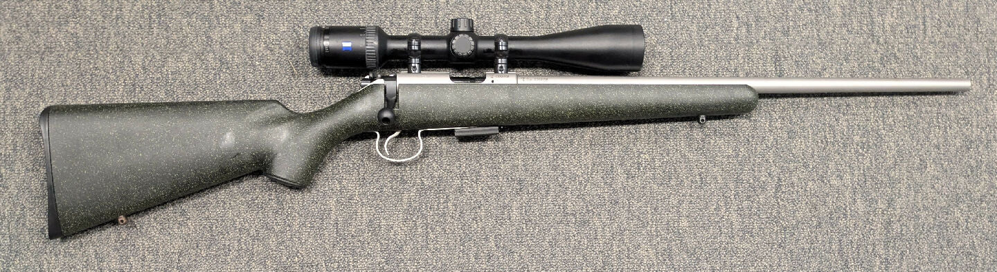 A CZ455 Stainless Synthetic rifle in 17 HMR in very good condition. This rifle is fitted with a Zeiss Conquest HDS 3-15x42 scope (with adjustable parallax) and 