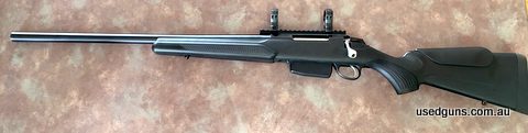 Left handed Tikka T3x varmint in 223, with a Picatinny rail and 34mm scope rings. Approximately 300 rounds shot.