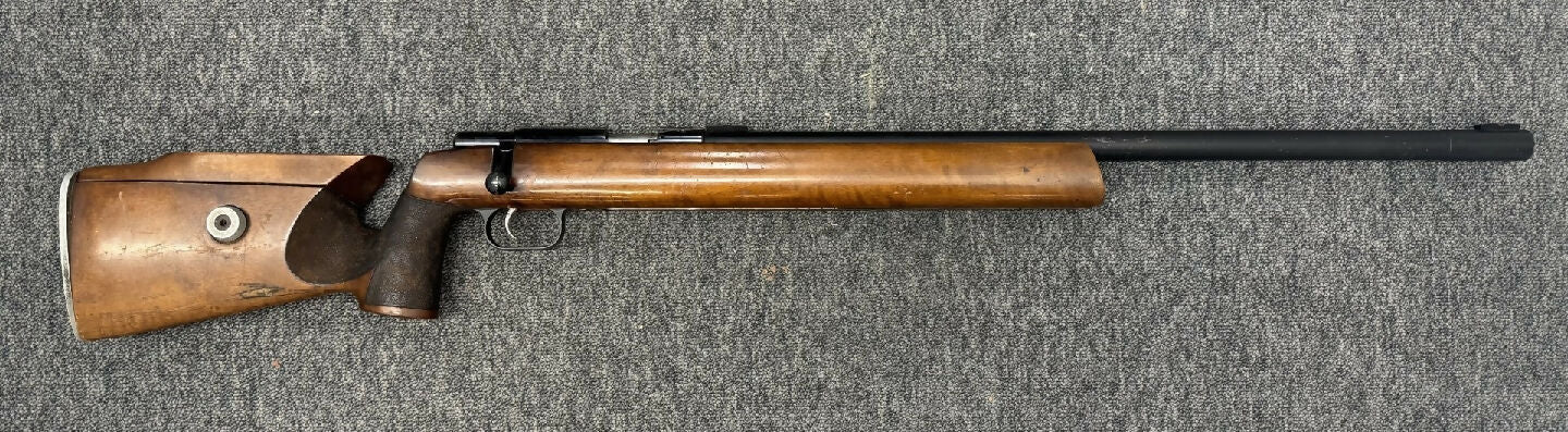 Pre-Owned Anschutz Match 54 in fair condition. Bore looks ok. Action and metal work ok with some minor blemishes. Stock has lots of small dings and missing but 