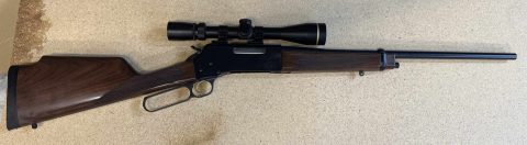 BROWNING BLR LIGHT WEIGHT GLOSS BLUED FINNISH PISTOL GRIP CHECKERED WALNUT STOCK & FOREND LEVER ACTION DETACHABLE MAGAZINE scope/rings included
