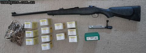 Comes with Kevlar stock, RCBS FL die set, 79 x Kynoch U/P or once fired cases, and the following 458 cal Woodleigh projectiles. 550gn RNSN 130 550gn FMJ 92 500g