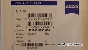 Zeiss Conquest V4 in the versatile 4-16x50. Has the Illuminated ZMOA-1 reticle with the ASV elevation turret, with zero stop. These are an optics bargain. Perfe