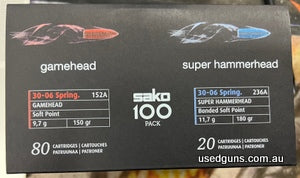 Reduced from $287 to clear. Sako Anniversary pack of 100 rounds in 30-06. 80 x 150gr Gamehead and 20 x 180gr Super Hammerhead rounds. Super cheap at only $2 a r