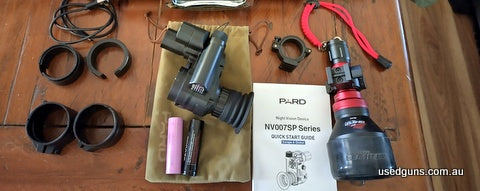 Pard nv007sp clip on only used a couple of times works well no longer required, comes with everything in the photo got 2 battery's and both scope adapter's, bag