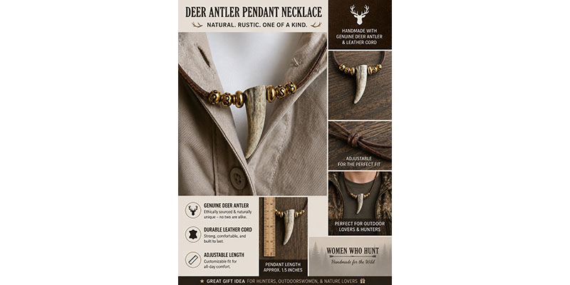 Handmade Deer Antler Pendant Necklace – Curved Antler with Gold Beads