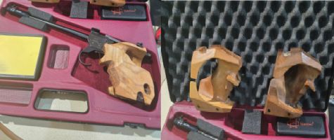 Morini CM84 Competition Free Pistol. very good to excellent condition. Comes with Original Morini Grip (Med) (Top right in Pic), XL Large Morini Grip (new Condi