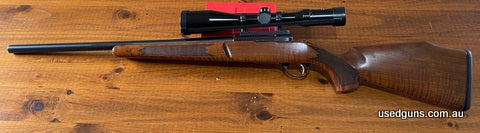 Sako S491 heavy barrel with a Kahles Kaps 2.5-10x50 scope. Excellent quality, scope, timber and bluing. Comes with approx. 200 new Lapua 222 Rem Match brass.