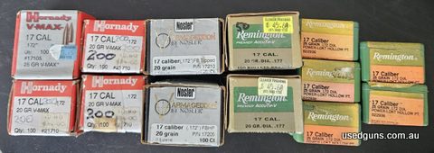 1500 x 17 cal projectiles as follows. 600 x Hornady 20 grn vmax 100 x Hornady 25 grn vmax 150 x 20 grn accutip Remington 200 x 20 grn FB tipped Nosler 450 x 25 