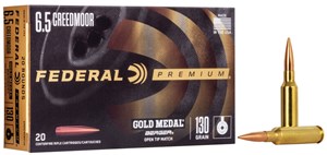 FEDERAL
FGM65C130
GOLD MEDAL
6.5 CREEDMOOR, 130GR
LOADED WITH BERGER VLD
MATCH AMMUNITION 

SPECIAL 
$44.90 /PER 20
$224.50 /PER 100
$435 /PER 200