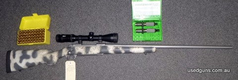 Ruger M77 Hawkeye 257 Wby Mag rifle featuring a stainless medium profile 26 inch barrel and H-S Precision stock in excellent condition. Includes Meopta Artemis 