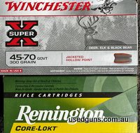 Factory 45-70 ammo. 7 packets of Winchester 300gr jacketed hollow point and 2 packets of Remington 405gr core-lokt. Pick up Geelong or Melbourne.