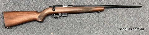 Stirling 1500 22 WMR in very good condition. Barrel stock and bolt are excellent, trigger guard and mag have a few marks. Rear sight is missing but has dovetail