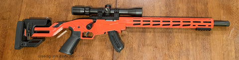 Ruger Precision Rimfire in 22LR has minor imperfections in red paintwork with a few spots of tan showing through, otherwise excellent condition has an mlok rail