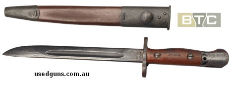 Original Australian WW2 Owen SMG bayonet with scabbard. Made in April 1945. Grips made by Slazenger and dated 1944. Excellent condition. Scabbard made by Mangro