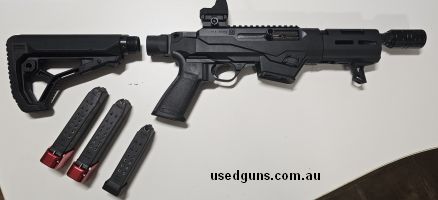 Excellent, as new condition Ruger Charger in 9mm. Comes mussel break, extendable stock (FAB Defense), red dot scope and 3 magpul magazines (2x19rd, 1x15rd) and 